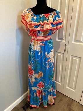 Boston Proper Blue Tropical Off-Shoulder Ruffled Maxi Dress